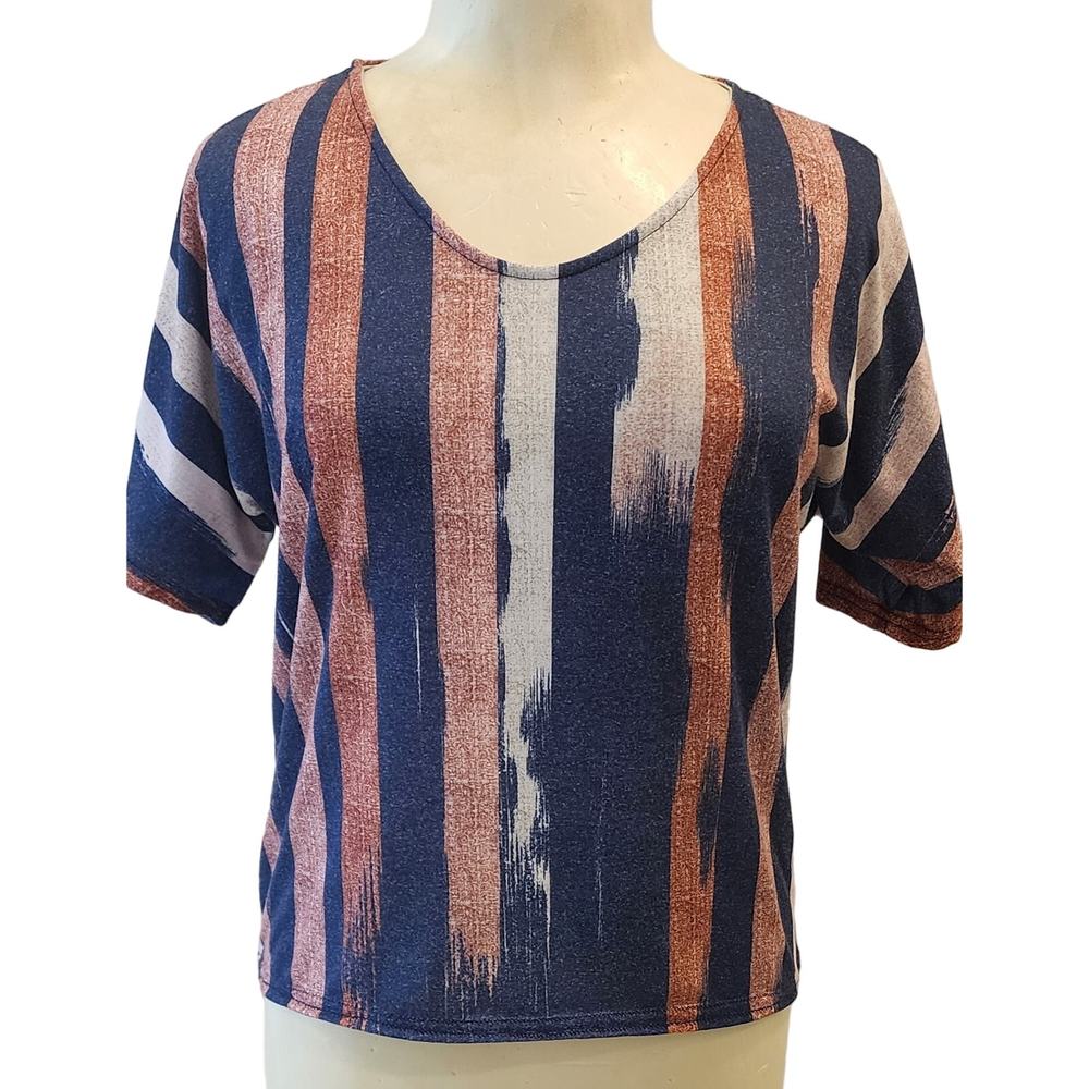 Dolman Sleeve Knit T-shirt Vertical Stripe Navy Tan Rust XL
